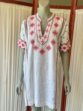 Johnny Was 100% White Linen Embroidered Shift Dress Tunic Size Medium